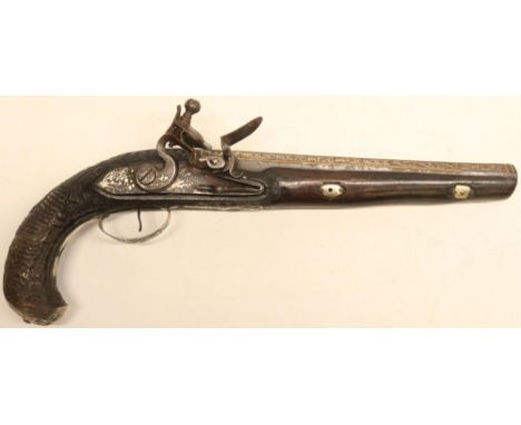 Turkish 16 bore silver inlaid (white metal) flintlock holster pistol, 10" octagonal barrel with proof marks, elaborately inla