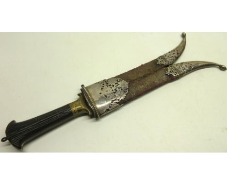 19th century Indian split point dagger, 7.5" double pointed blade with carved wood grips and Indian silver mounted sheath wit