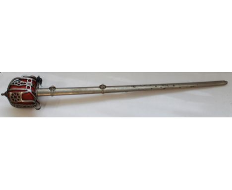 Copy of a C19th Scottish Officers Basket hilt broadsword, 82cm double fuller blade, steel scabbard with two suspension rings,