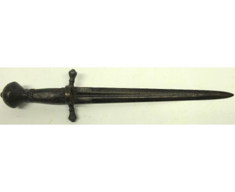 Circa 17th century German left-hand dagger, 11" single fullered double edged tappering blade, cross bar with ball finals and 