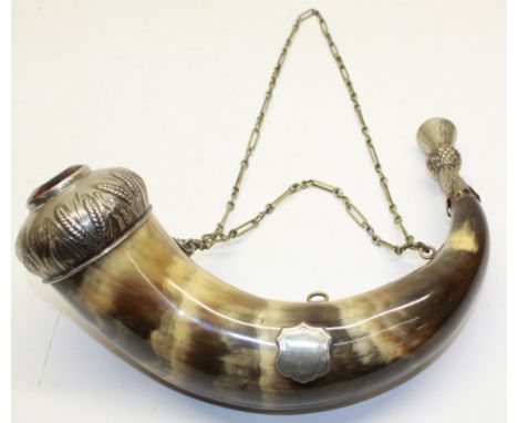 Victorian Scottish dress cow horn powder horn, silver plated mounts, hanging chain, cap set with large facetted stone, approx