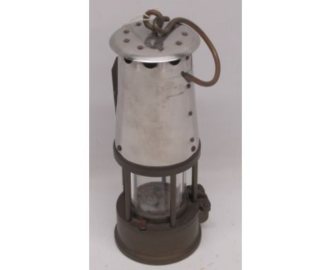 The Protector &amp; Lighting Co. Ltd., Eccles, Type 6 approved no. B/28 brass and stainless steel miner's lamp, H25cm.