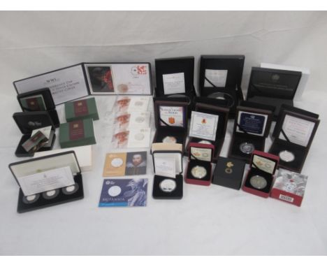 Collection of silver proof coins to inc. Britannia 2015 £50 coin, The Shakespeare UK £50 coin, 3 The 90th Birthday of Her Maj