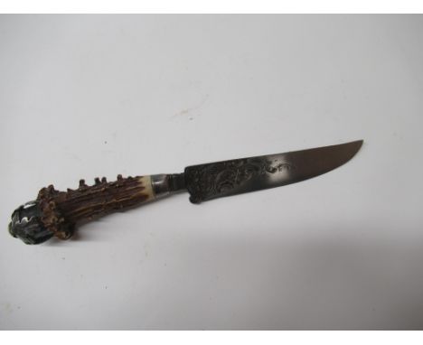 19th century hunting skinning type knife, possibly German, 5" single edged blade with heavy scrollwork engraving, stag horn g