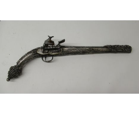20 bore Ottoman Greek market miquelet holster / Kubur pistol, 12.5" tapering barrel retained by broad muzzle sheath, silver (