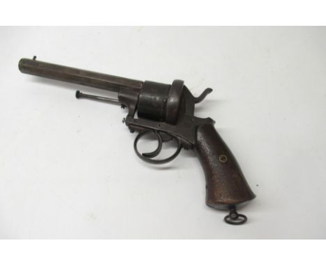 Belgium six shot pinfire revolver, 6" octagonal barrel and Liege proof marks to the cylinder, lanyard ring and two piece wood