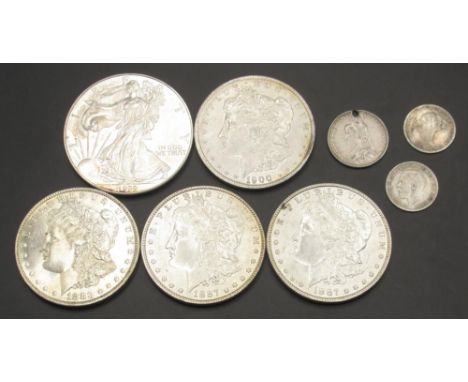 1999 1oz US Fine Silver One Dollar, 1883 US $1, 1887 US $1 (x2), 1900 US $1, 1887 Six Pence, 1884 Three Pence and a 1917 Thre
