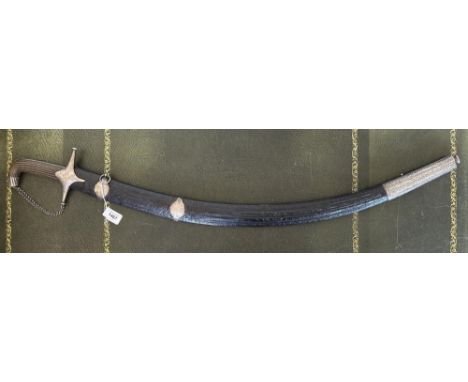Circa 1800 Indian silver (white metal) mounted Shamshir sword, 32.5" curved blade with large stamped heart shaped mark, two s