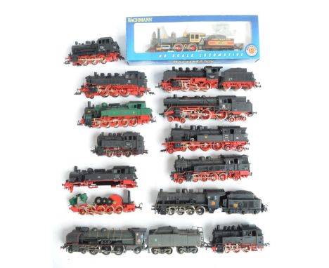 Collection of HO gauge continental and US electric steam train models from Fleischmann and Roco, Bachmann and Jouef to includ
