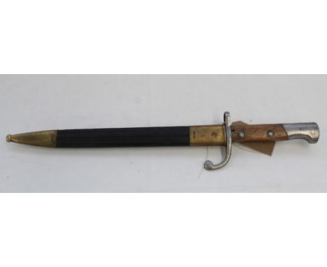 Brazilian M1908 bayonet, complete with leather scabbard with brass mounts, manufactured by Alex Coppel of Solingen. Blade L30