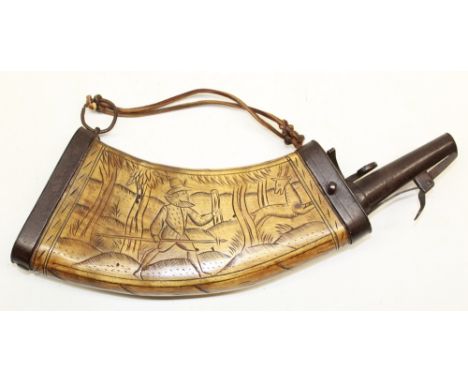 Large German early 17th century cow horn powder flask, flattened body with etched deer hunting scenes and geometrical circles