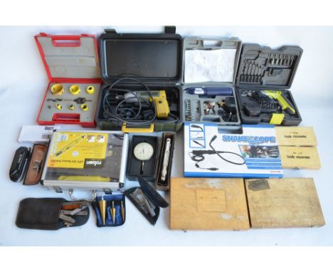 Collection of workshop tools to include Proxxon Colt 2 mini drill, Ryobi 4V drill, rotary tool from Intertek and Rolson, 2 ta