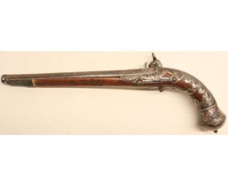 19th century Caucasian miquelet 32 bore holster pistol, 11.5" barrel with cannon turned muzzle and engraved detail, stock ove