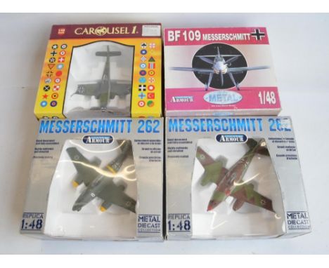 Four 1/48 scale diecast WWII Luftwaffe fighter/fighter bomber aircraft models to include 2x Me262's and a Bf109 from The Armo