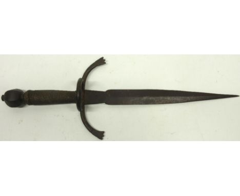 Circa 18th century Main-gauche dagger, 9.5" blade with `X' stamp, downturned flattened quillions and ring guard, wire bound g