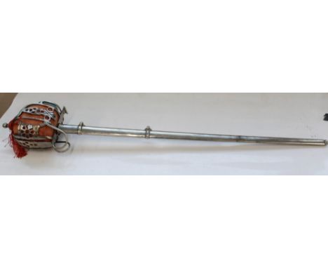 Quality copy of a C19th Scottish Basket hilt Broadsword, etching to blade, steel scabbard with two suspension rings, blade le