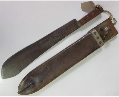 British military issue machete stamped with British military broad arrow to hilt. In good condition with contemporary leather