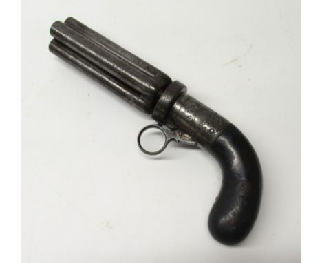 Four barrel percussion pepperbox revolver, 4" rifled barrels, scroll engraved action with ring trigger and two piece grips