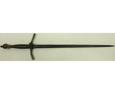 18th century brass mounted main-gauche dagger, 11.5" slim single fullered blade, downturned quillions and ring guard, wooden 