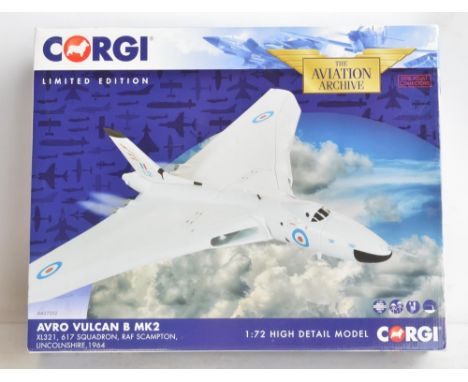 Boxed Corgi 1/72 scale limited edition Avro Vulcan B.2, XL321 617 Sqn RAF Scampton 1964 in white anti-flash livery with Blue 