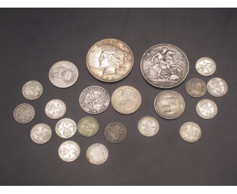 Collection of GB Pre-1920 silver content and a 1928 US Peace dollar to inc. 1893 Crown, 1898 Shilling, etc. (gross 3.1ozt)