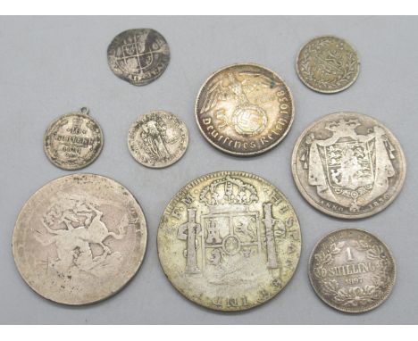 Collection of Silver content coins to cont. Elizabeth I 1575 Three Pence, William IIII 1836 Half-Crown, faded George III Crow