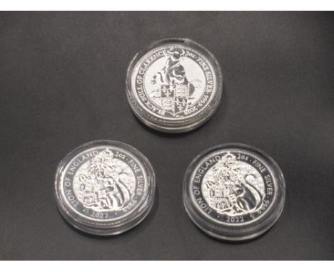 2018 Black Bull of Clarence 2oz fine silver £5 coin &amp; 2 2022 Lion of England 2oz fine silver £5 coins (3) all encapsulate