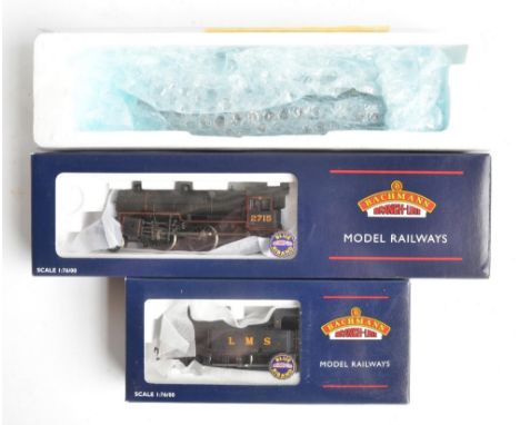 Three OO gauge LMS black livery electric steam train models to include Bachmann 32-227 3F Jinty 7524 (good overall condition,