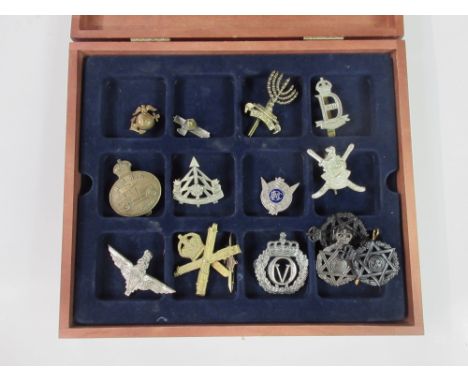 Selection of fifteen unusual military badges in a velvet-lined display box to include a Royal Navy Air Service Armoured Car D