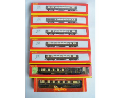 Seven boxed OO gauge Pullman coaches from Hornby to include 5x Super Detail series coaches with internal table lighting, Supe