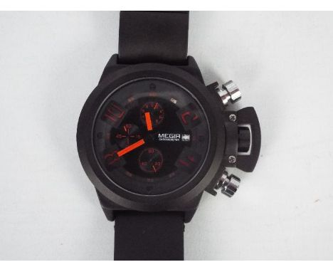 MEGIR - a Megir chronometer wristwatch  with mineral crystal glass window, alloy and stainless steel case, silicone  black st