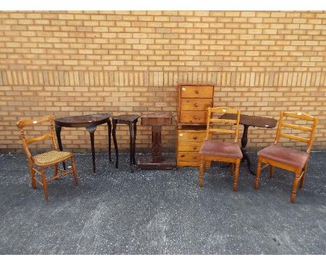 Various furniture to include chairs, small pine chests of drawers, demi lune console table and other.