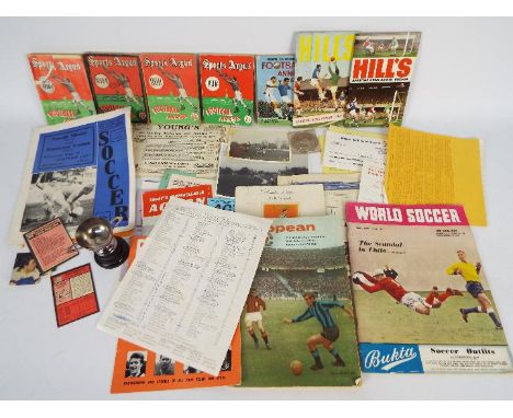 Football Items. A box of football delights to include 1950s Sports Argus, football cards, black and white photos, 1960s ticke