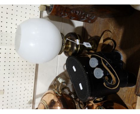 A Circular Based Oil Lamp, Together With A Cased Pair Of Binoculars