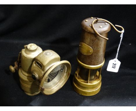 A Vintage Miners Safety Lamp, Together With A Carbide Lamp