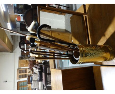 A Brass Stick Stand &amp; Sticks, Some Silver Banded