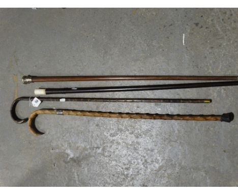 Four Vintage Canes, Three Being Silver Banded