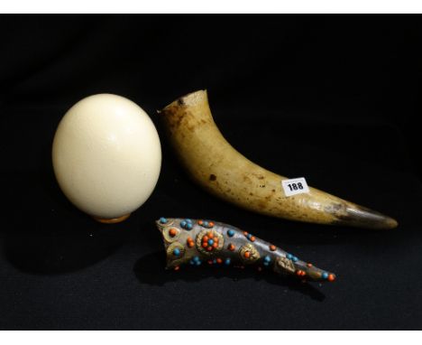 A 19th Century Grit Horn, Together With A Vintage Ostrich Egg Etc (3)