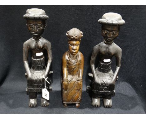 A Pair Of Carved Root Wood African Seated Figures (Ghana) Together With A Similar Single Figure