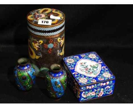 A Cloisonne Decorated Tea Caddy, Together With A Pair Of Miniature Cloisonne Vases Etc (4)