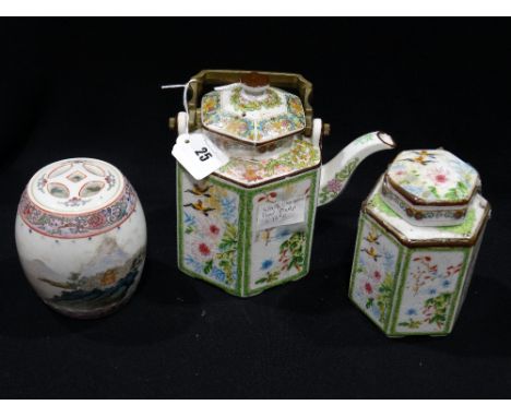 A Chinoiserie Pattern Teapot &amp; Tea Caddy, Together With A Further Tea Caddy (3)