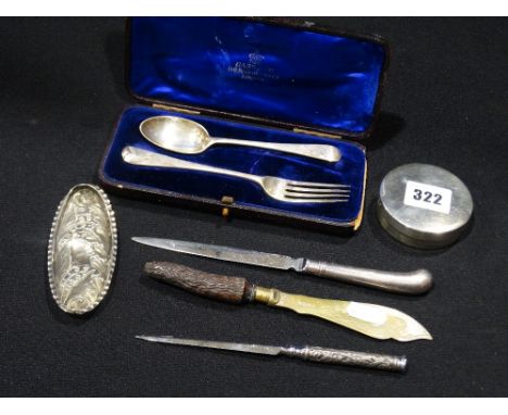 A Patterned Silver Pin Tray, Together With A Cased Silver Christening Fork &amp; Spoon Etc