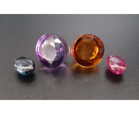 FOUR LOOSE CABOCHON GEMSTONEScomprising ruby, sapphire, amethyst and a yellow/orange gemstone (4) 
