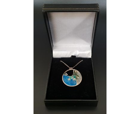 ART NOUVEAU STYLE PAT CHENEY SILVER AND ENAMEL PENDANTwith fuchsia decoration, Edinburgh hallmarks for 1978, with chain 