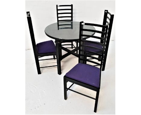 CHARLES RENNIE MACKINTOSH STYLE TABLE AND CHAIRSthe circular table top standing on plain supports with a two tier double stre