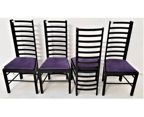 FOUR CHARLES RENNIE MACKINTOSH STYLE DINING CHAIRSwith ladder backs and velvet lilac drop in seats, standing on plain support