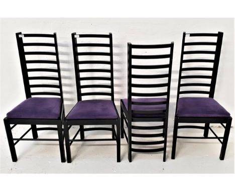 FOUR CHARLES RENNIE MACKINTOSH STYLE DINING CHAIRSwith ladder backs and velvet lilac drop in seats, standing on plain support