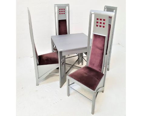 CHARLES RENNIE MACKINTOSH STYLE TABLE AND CHAIRSthe table with a square top, standing on pierced supports with carved heart m