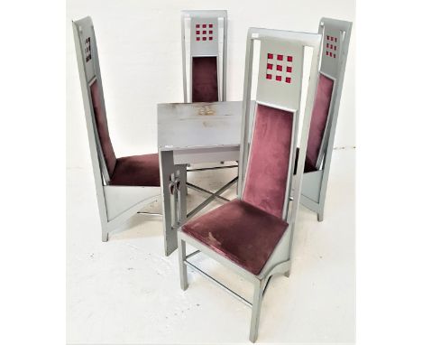 CHARLES RENNIE MACKINTOSH STYLE TABLE AND CHAIRSthe table with a square top, standing on pierced supports with carved heart m