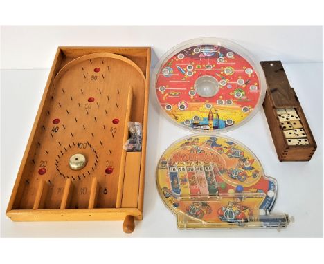 SELECTION OF VINTAGE GAMESincluding a bone domino set, boxed, a beech bagatelle board, a Noddy Joyride bagatelle game by Marx
